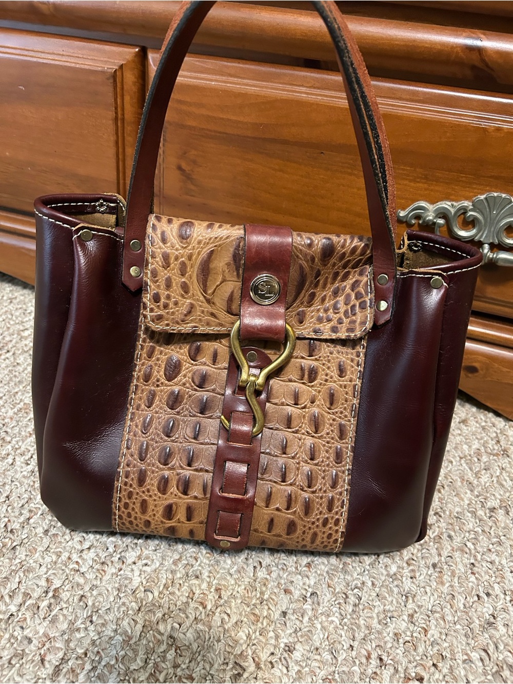 Two-Tone Burgundy & Tan Croc-Texture Shoulder Bag